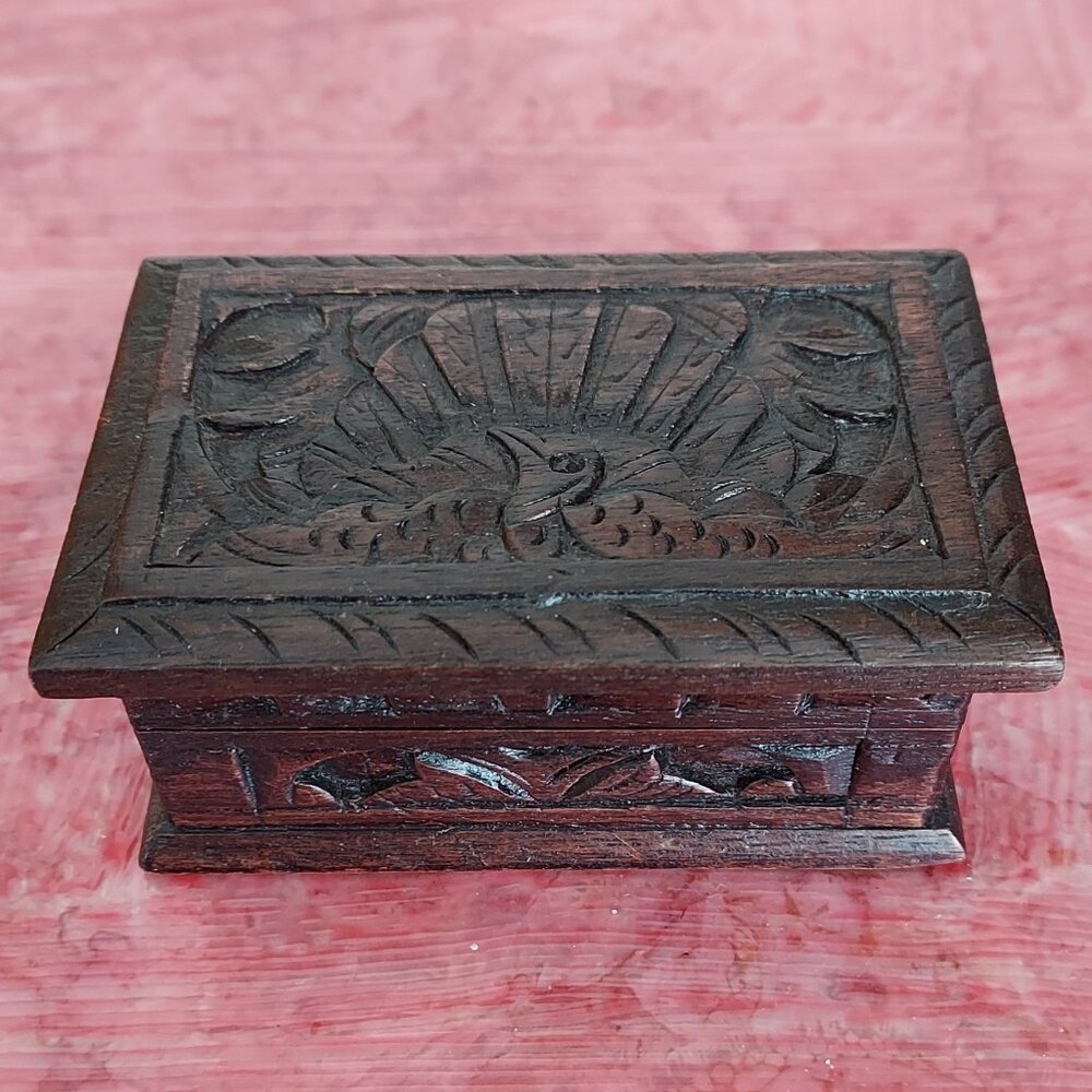 Sarinah Carved Wood Hinged Trinket Box-Peacock Carved into the Lid